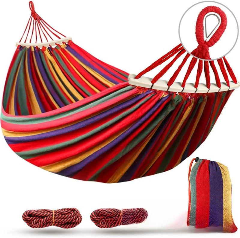 Canvas Hammock Double Camping Swing with Curved Wooden Poles – Outdoor Bed for Two - Red