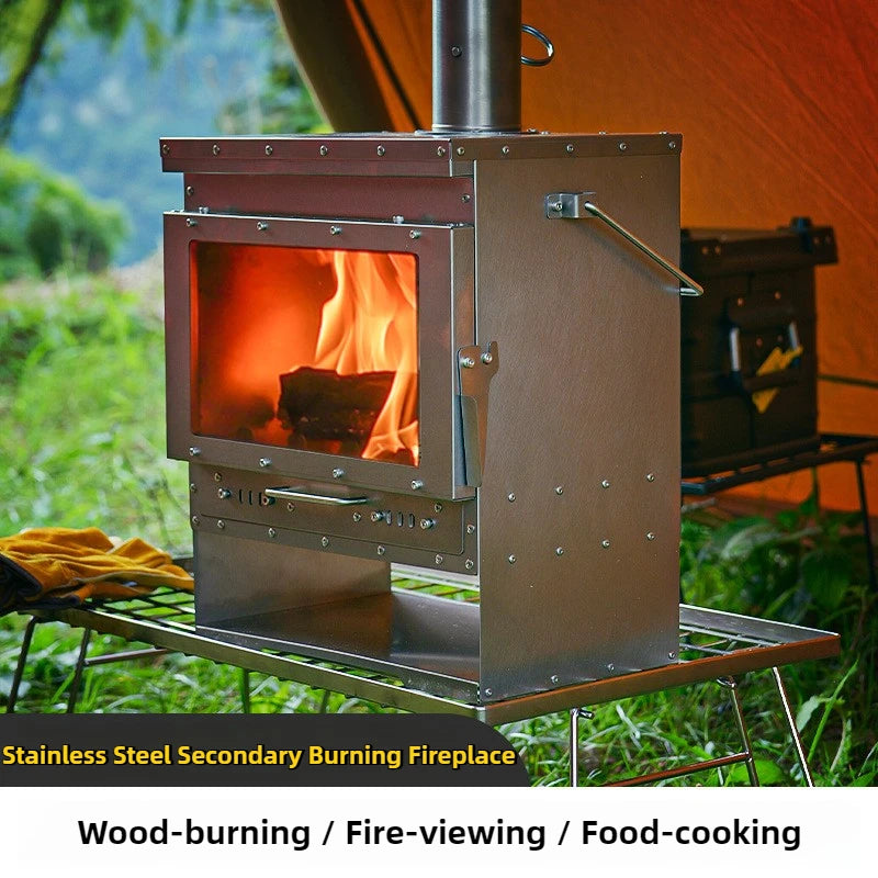 Camping Tent Stove Stainless Steel Wood Burning Heater with Glass Window – Silver