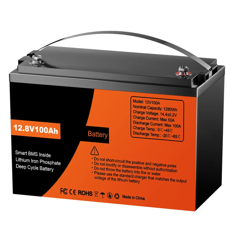 LiFePO4 Battery 12V 100Ah Deep Cycle Lithium Battery with BMS Solar RV Marine Power Storage