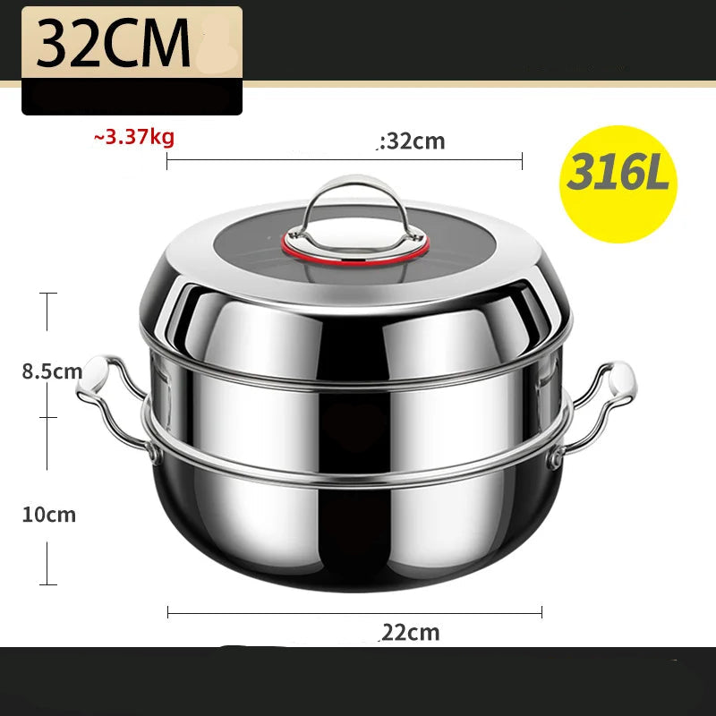 Steam Pot 32cm Double Layer 316 Stainless Steel Seafood Steamer Cookware with Lid