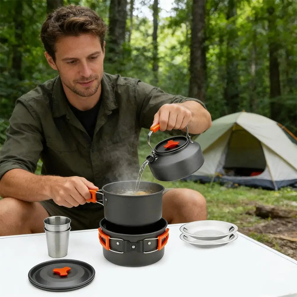 Camping Cookware Set 2-3 Person Aluminum Pots Pans Kettle Kit - Orange