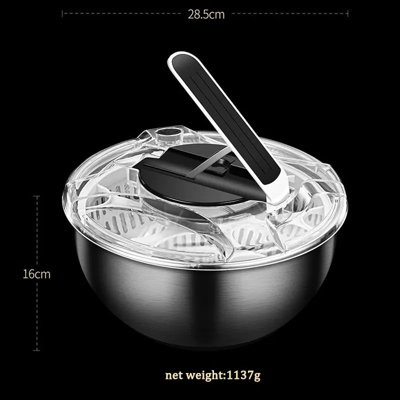 Salad Spinner Stainless Steel Manual Press Vegetable Dryer Washer Bowl – Silver