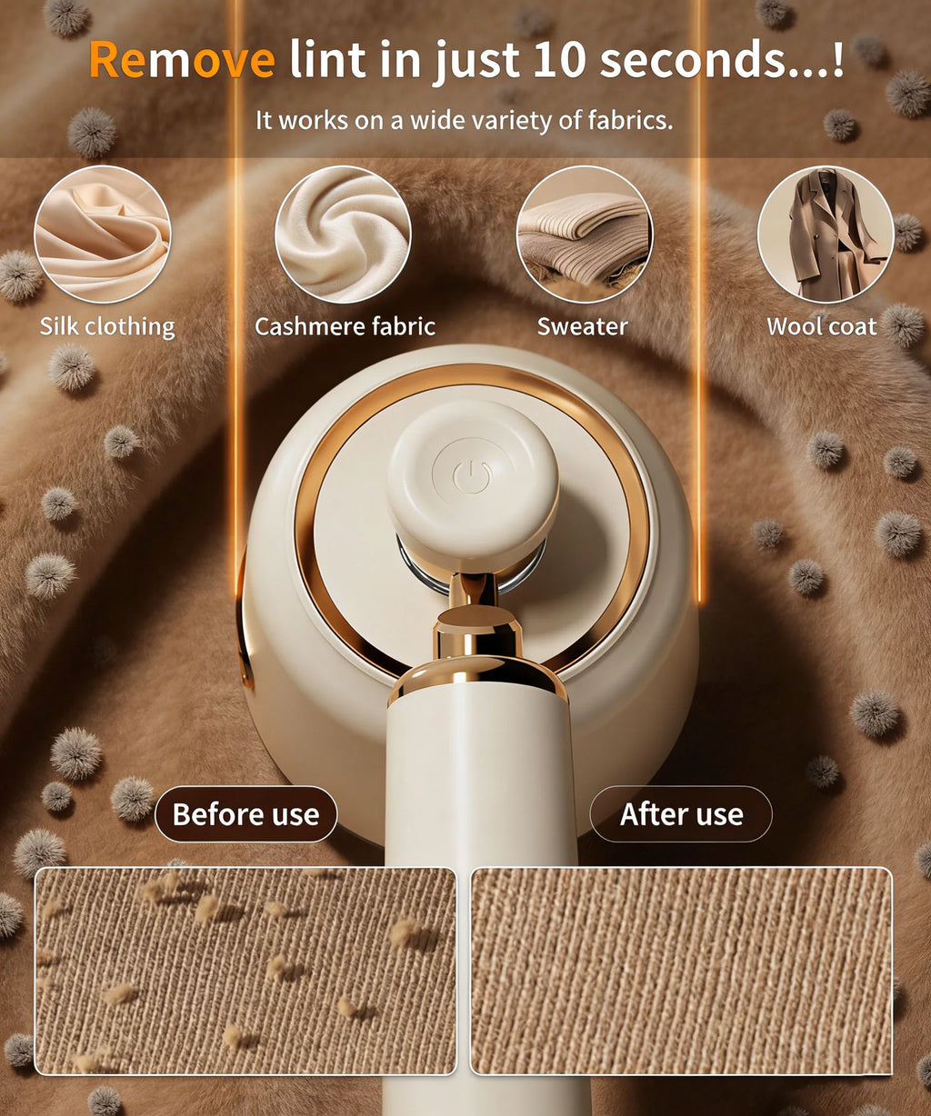Portable Fabric Shaver Rechargeable Lint Remover 6 Blade LED Display Type-C Cleaner Beige