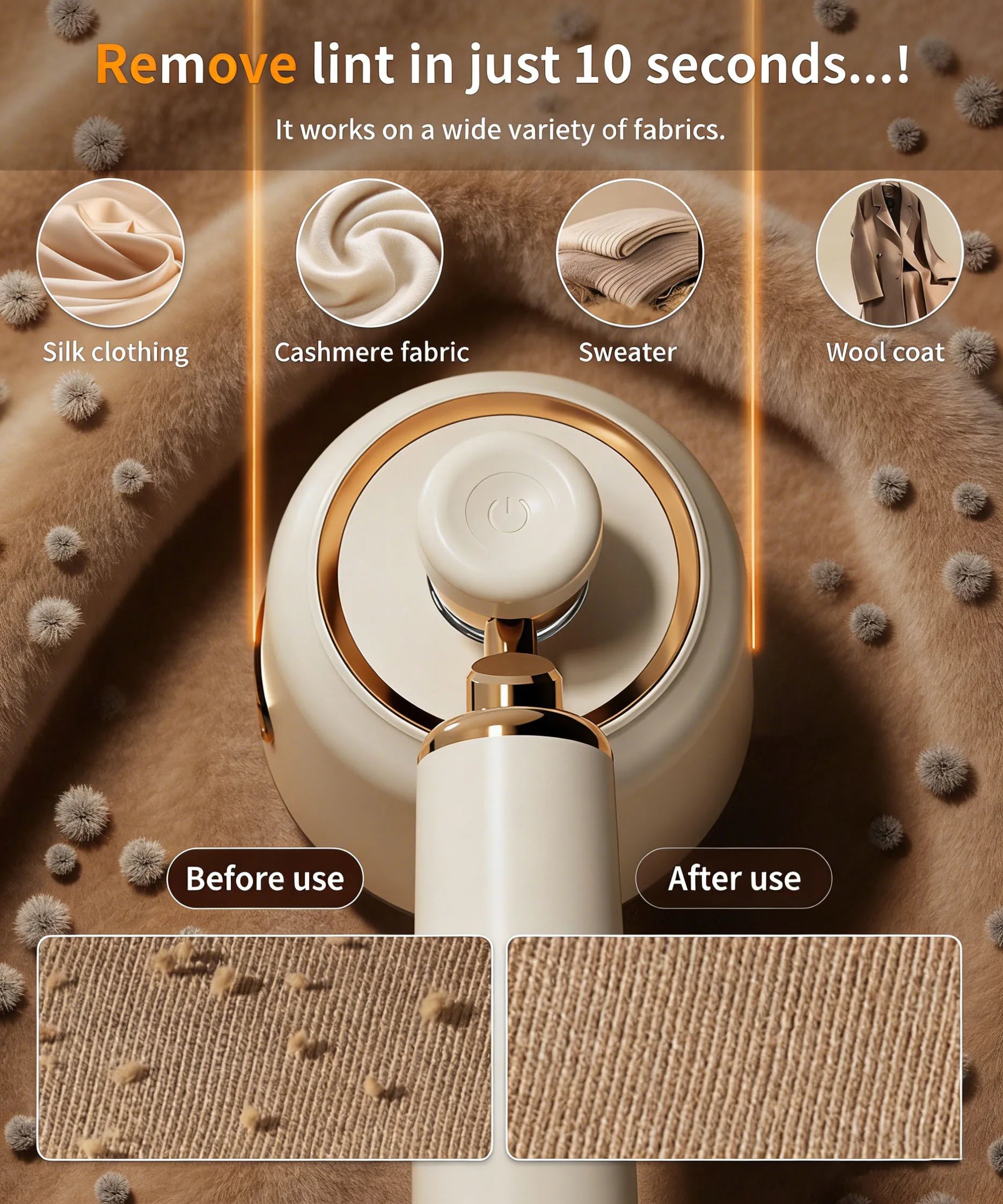Portable Fabric Shaver Rechargeable Lint Remover 6 Blade LED Display Type-C Cleaner Beige