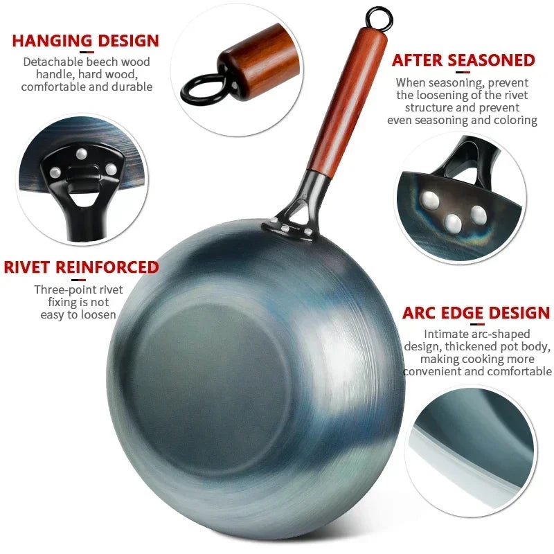 Flat Bottom Blue Iron Wok Pan 34cm Traditional Non-Coated Stir Fry Pan for Gas and Induction Cooktops