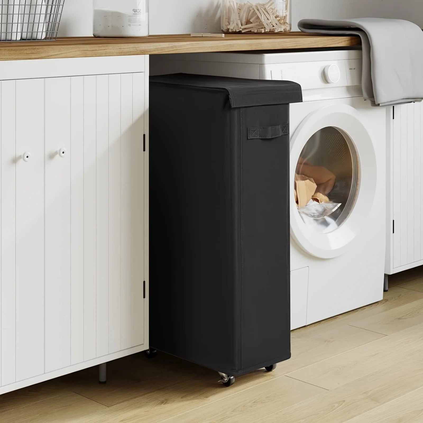 Laundry Basket 1PC Wheeled Oxford Hamper with Lid Handles Portable Storage - Black