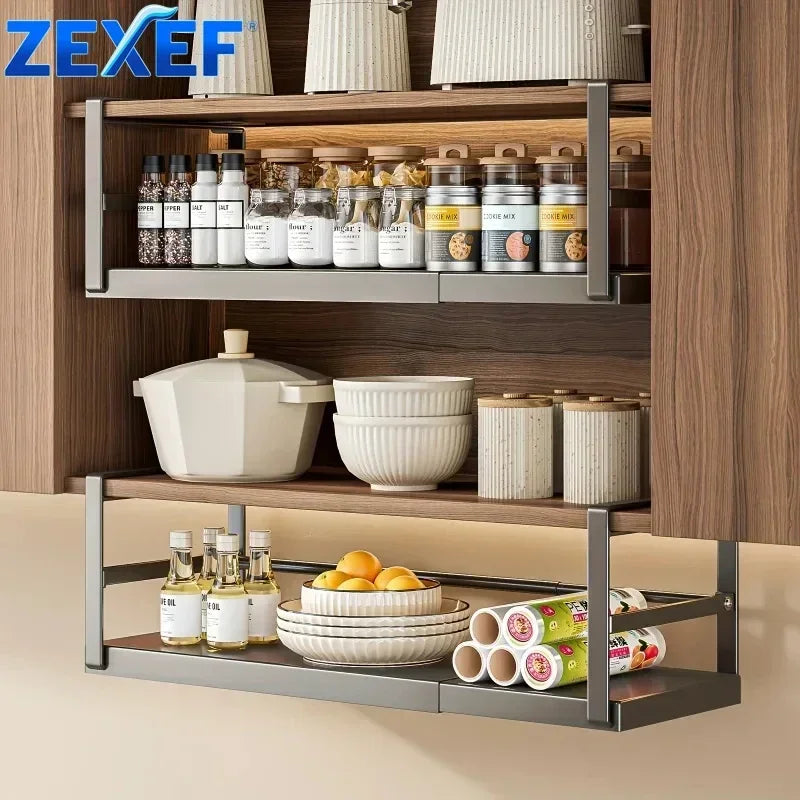 Stainless Steel Shelves Adjustable Spice Stand – Metal Expansion Cabinet Rack – Kitchen Hanging Seasoning Organizer – Black