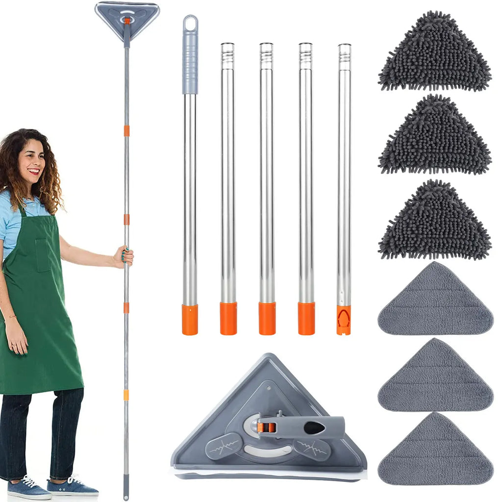 Wall Cleaning Mop 360° Rotating Triangle Head with Extendable Handle 63.5–216cm 6 Reusable Pads - Multi Piece Set