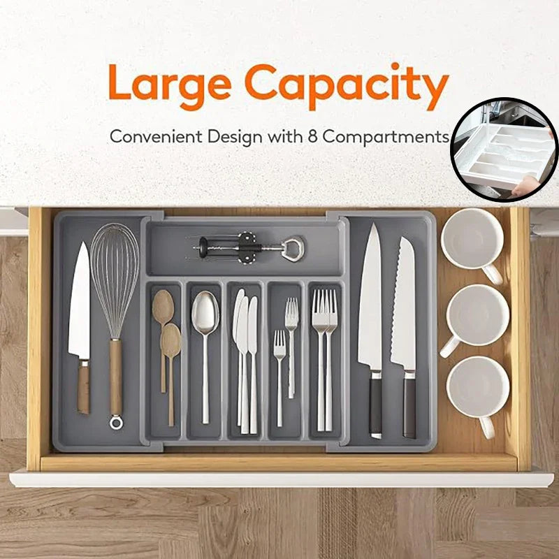 Expandable Drawer Organiser Adjustable Cutlery Storage Tray Non-Slip Kitchen Holder - Grey