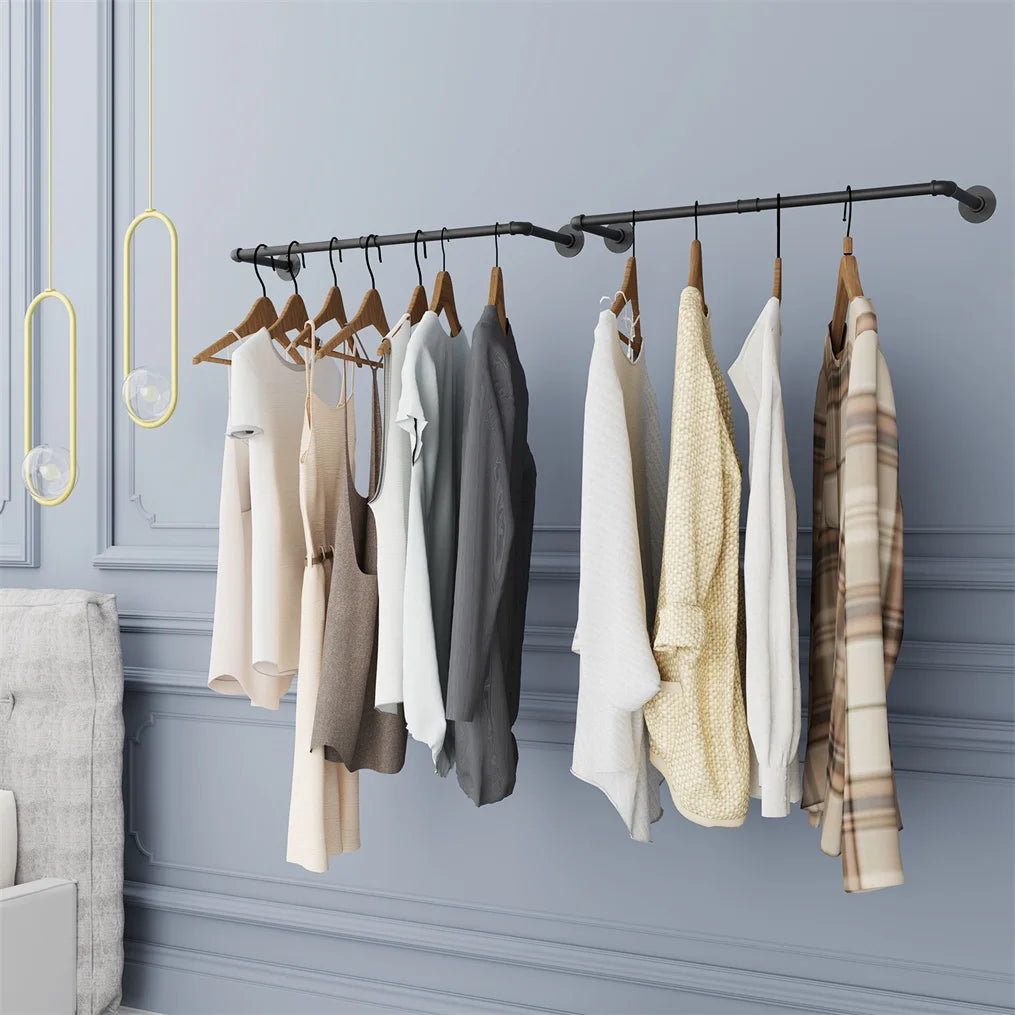 2 Pack Industrial Wall Mounted Clothes Rack Heavy Duty Metal Garment Hanging Rod with Hooks – Black