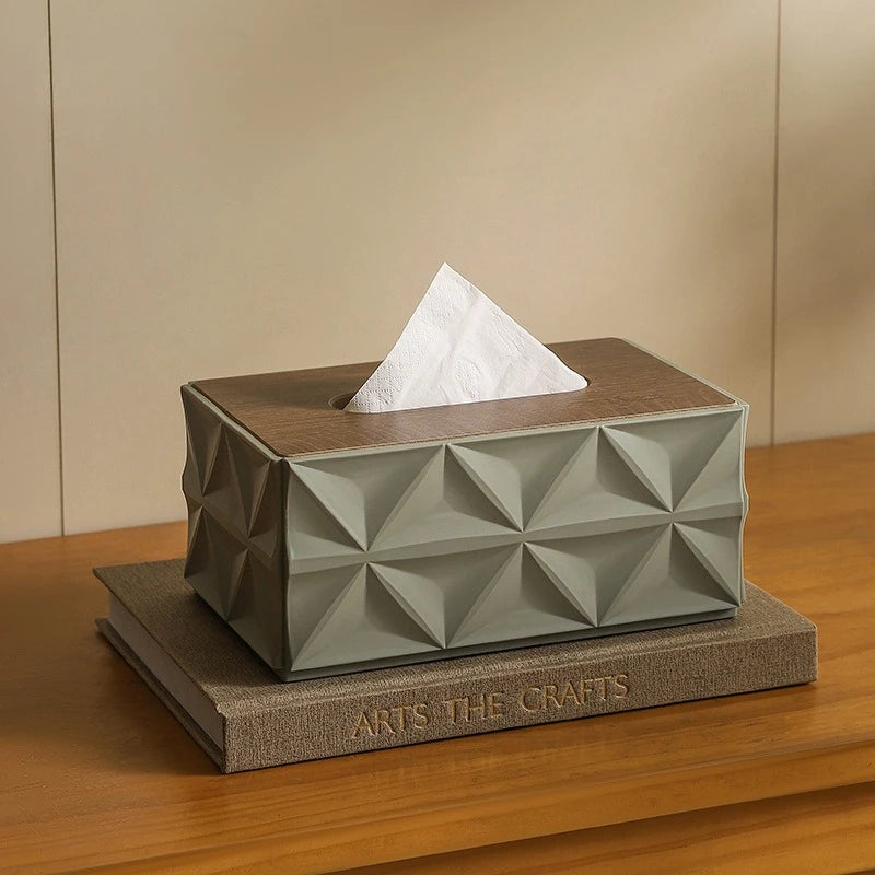 Large Capacity Ripple Tissue Box Cover with Wooden Lid Modern Desktop Tissue Holder Home Organizer – Green