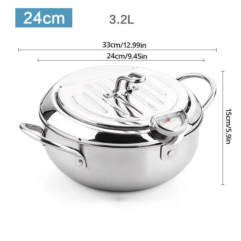 Oil Frying Pan 24 cm Stainless Steel Deep Frying Pot with Thermometer, Lid and Drain Rack