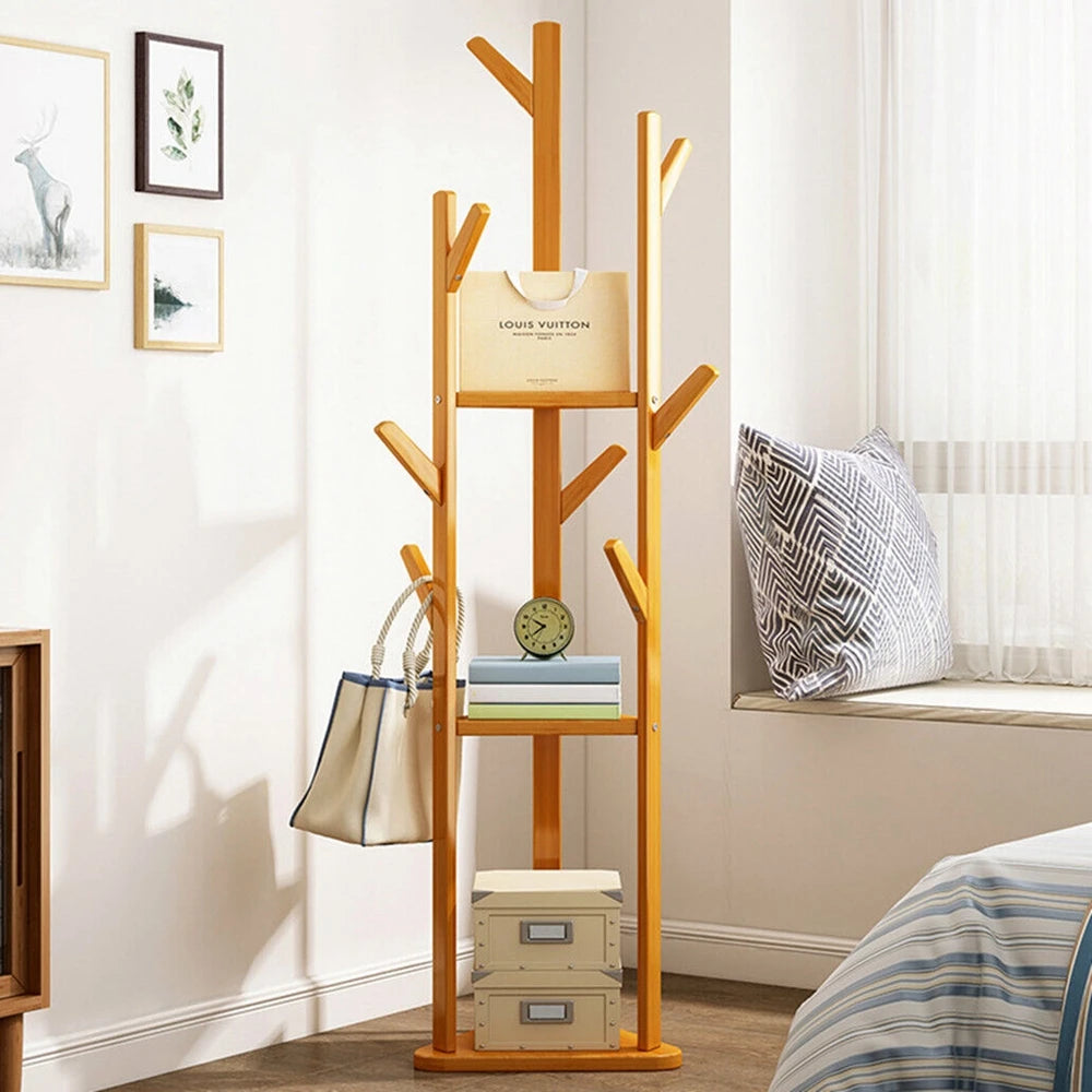 Bamboo Corner Coat Rack with Shelves Freestanding Clothes Hanger Tree Stand with 9 Hooks – Natural Wood