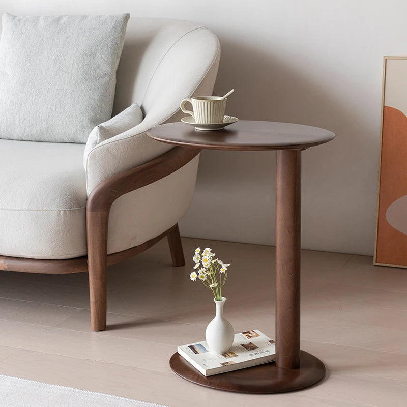 Side Table Solid Wood Round Small Coffee Table Wooden Bedside Furniture – Walnut