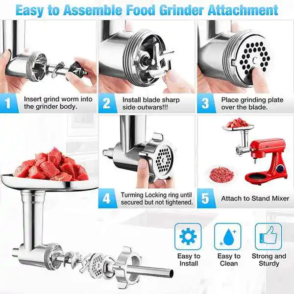 Stainless Steel Meat Grinder Attachment Food Processor Accessory with Sausage Maker Kit – Red