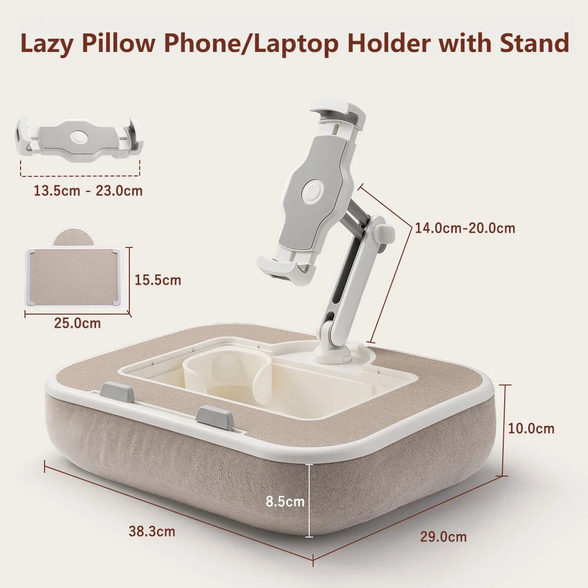 Adjustable Pillow Lap Desk with 360° Rotating Phone Tablet Holder and Storage Tray – Beige