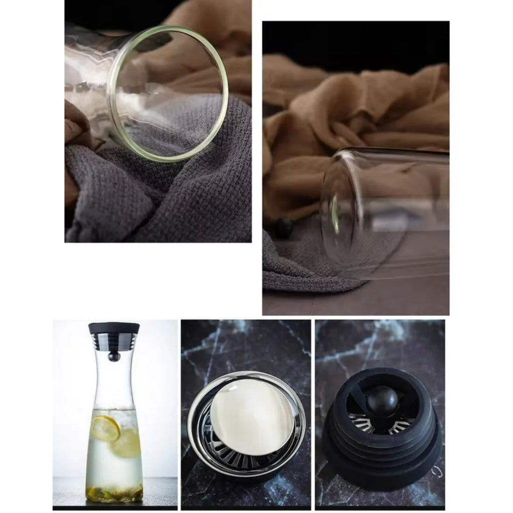 Glass Carafe 1.5L Heat Resistant Water Pitcher with Lid and Stainless Steel Fruit Skewer
