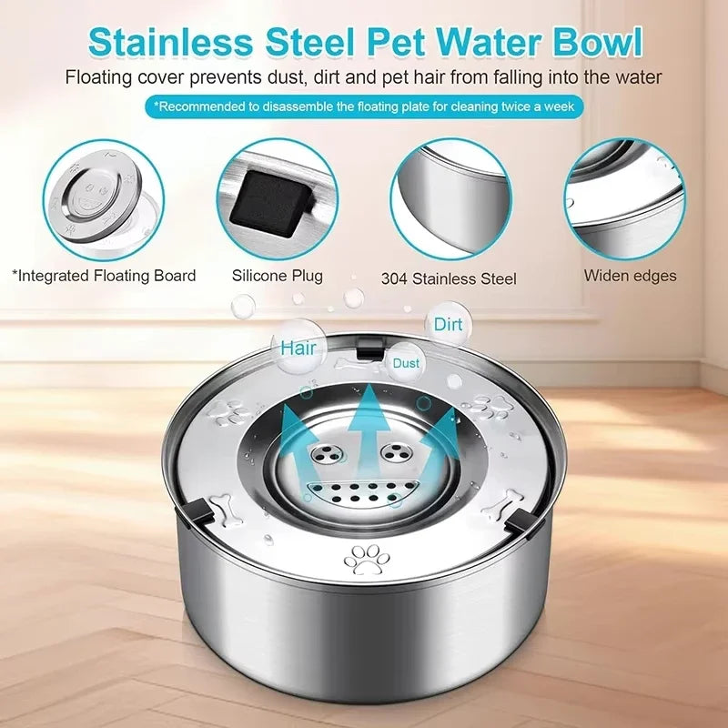Pet Water Bowl 1L Stainless Steel Floating Water Dish Non Slip Anti Splash Feeding Bowl