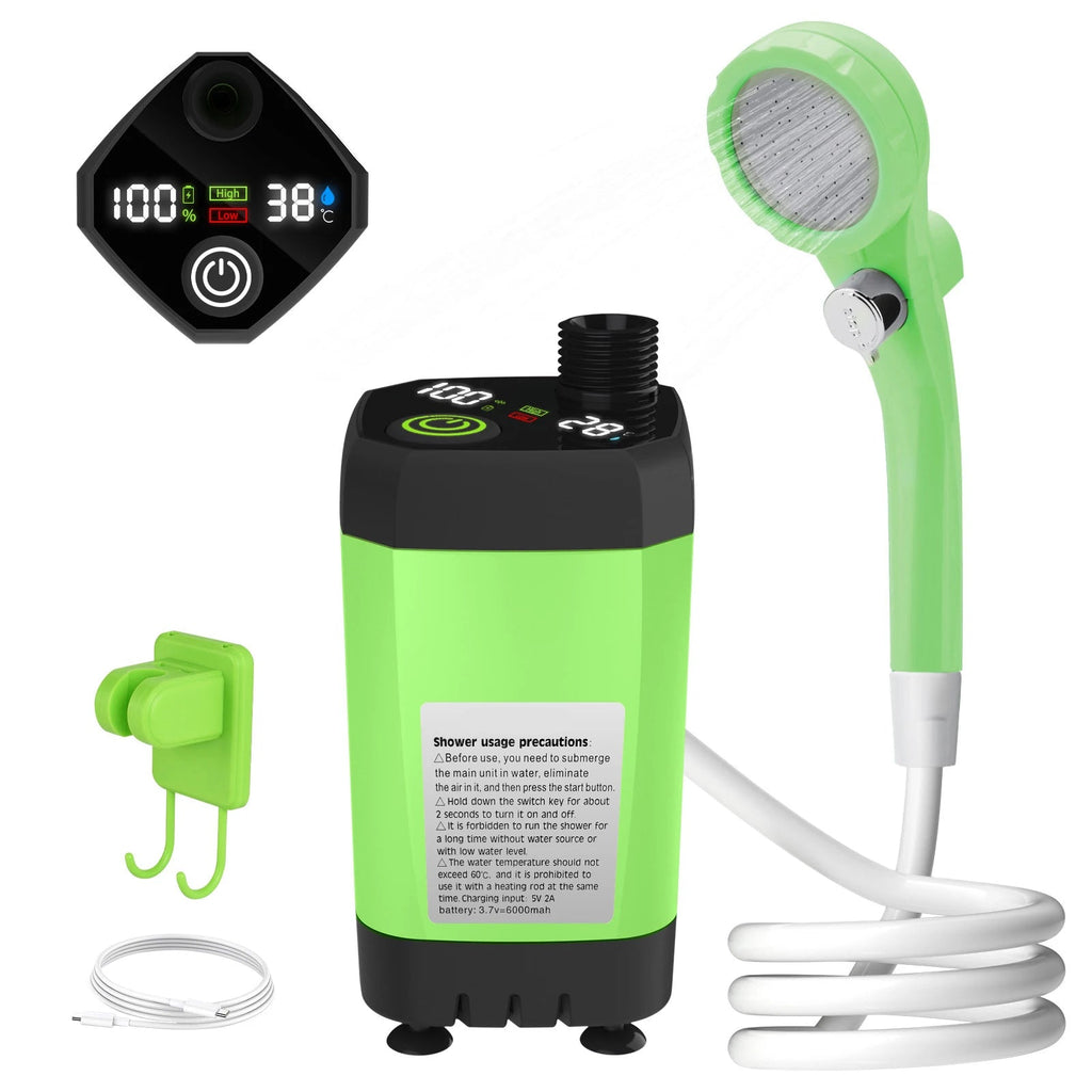 Camping Shower Pump 6000mAh Portable Outdoor Shower Kit with Digital Display - Green