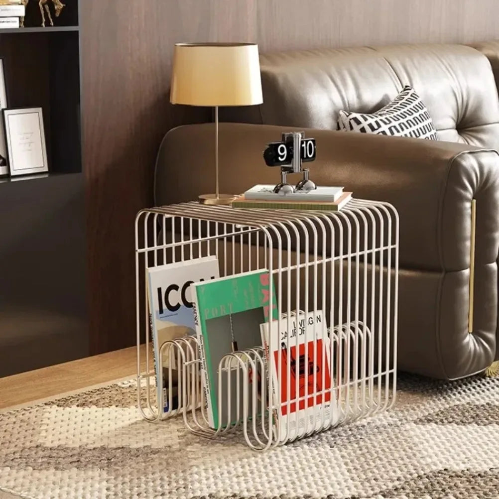 Side Table Metal Accent Table Integrated Magazine Rack Compact End Furniture – Red