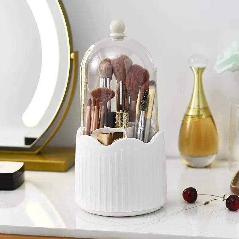 360° Rotating Makeup Brush Holder Cosmetics Organizer with Dustproof Lid and Storage Compartments – White