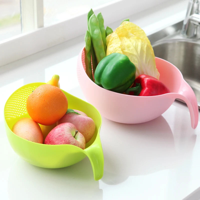 Kitchen Rice Sieve Drain Basket 22cm Vegetable Fruit Washing Strainer With Handle - Pink