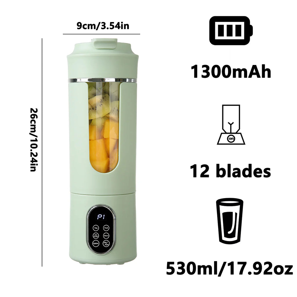 Portable Juicer 530ml Electric Blender USB Rechargeable 12 Blade Mixer with 4 Speed Settings - Green