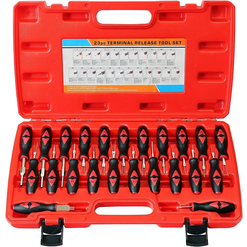 Universal Automotive Terminal Removal Tool Set – 23-Piece Car Wire Harness Connector Pin Extractor – Red