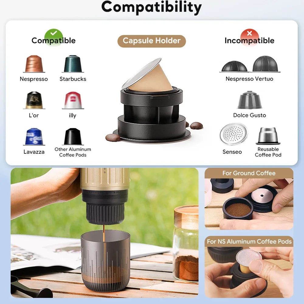 Portable Espresso Coffee Maker 2 in 1 Wireless Capsule Powder Machine 7500mAh - Silver