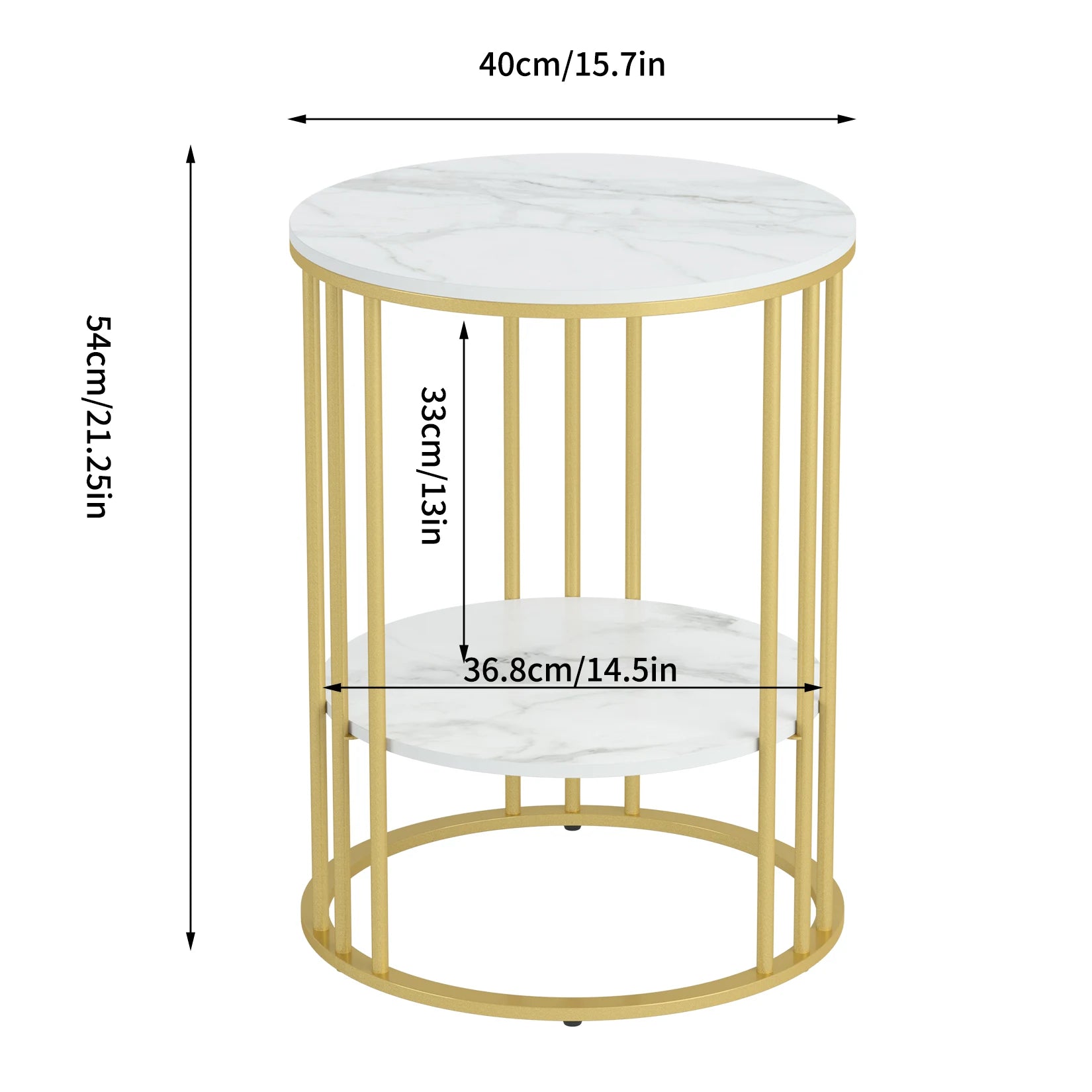 Side Table 40cm Round Marble Look Sintered Stone Top Metal Frame – Gold and White