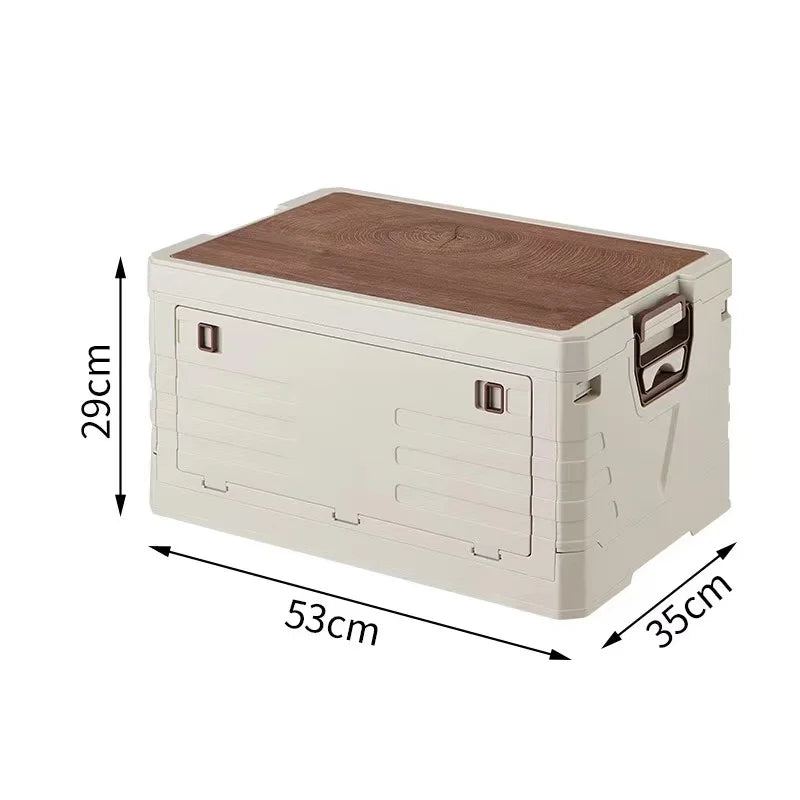 55L Foldable Camping Storage Box Portable Car Organizer with Wooden Lid and Carry Handles