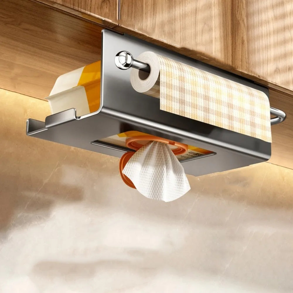Carbon Steel Under Cabinet Paper Towel Holder Wall Mounted Hanging Kitchen Roll Rack Rustproof Waterproof – Grey