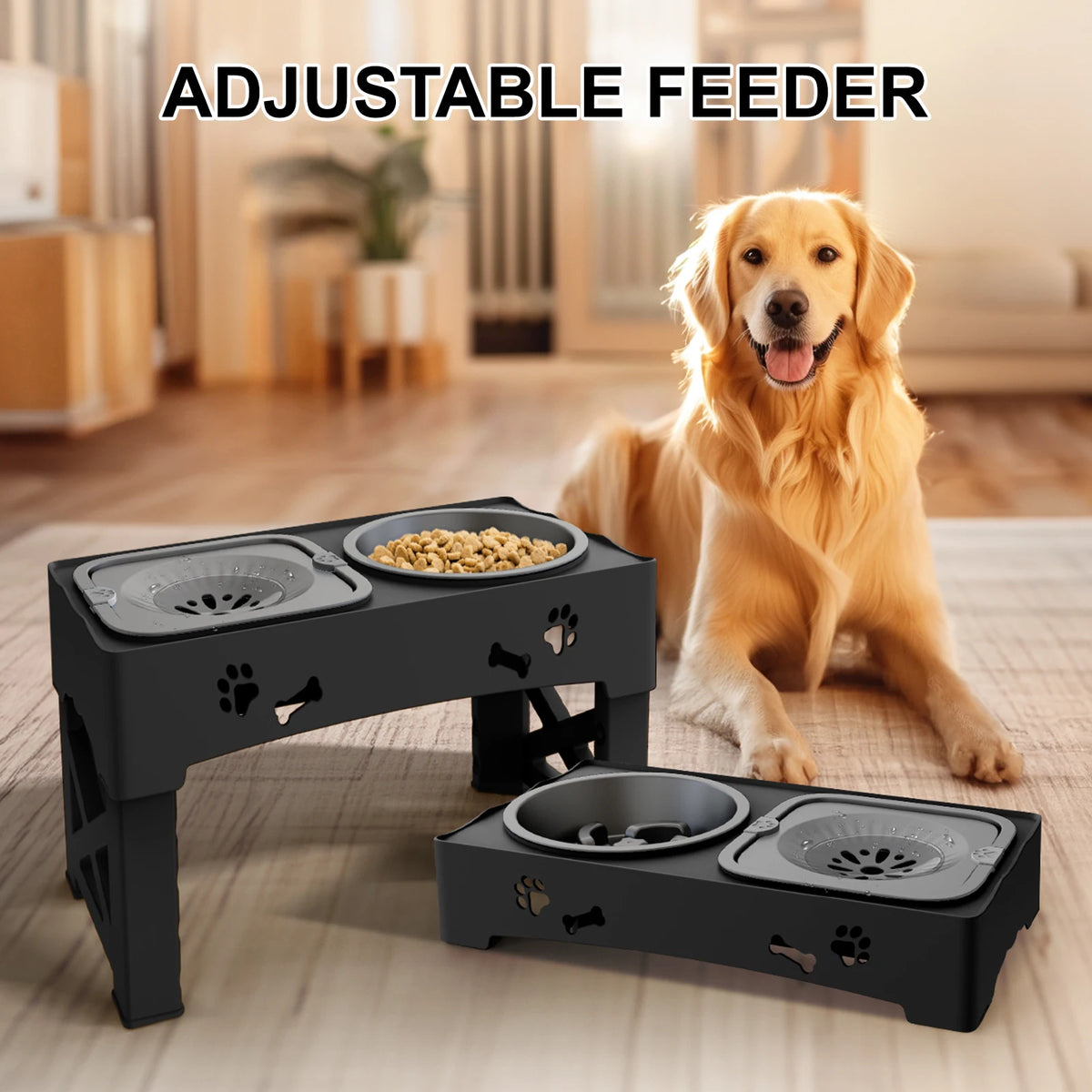 Pet Feeder Foldable Double Bowl with 5 Adjustable Heights