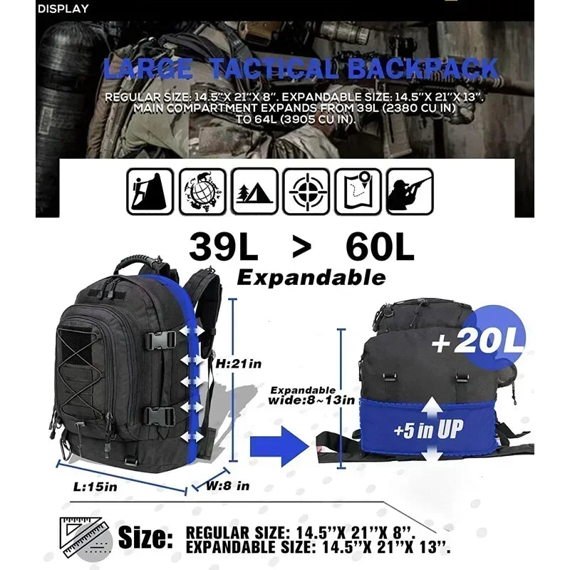 Tactical Backpack 60L Expandable Waterproof Hiking Travel Laptop Bag - Black