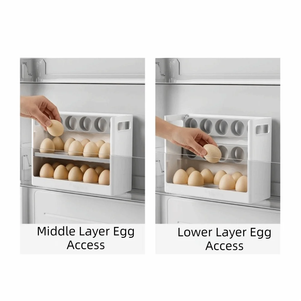 Egg Storage Box 30 Grid 3 Tier Flip-Top Plastic Fridge Organiser - White