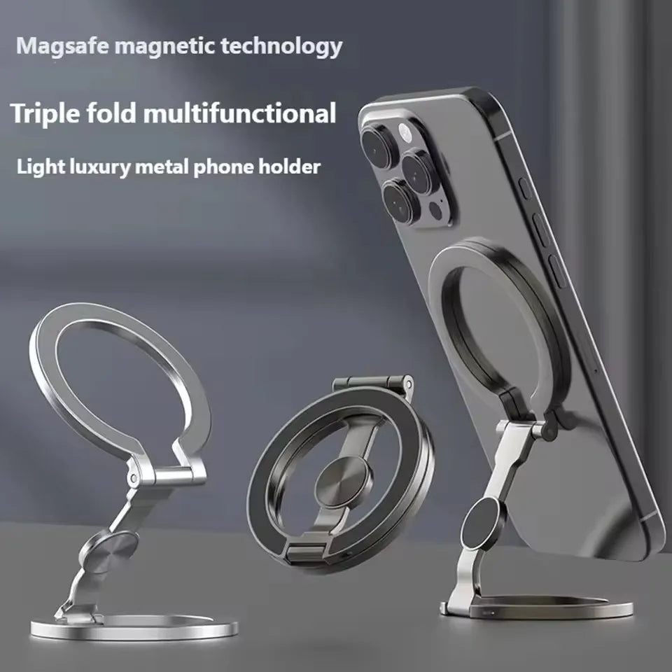 Phone Holder 15.8cm Foldable Dual-Axis Rotating Desk Stand with Folding Ring - Grey