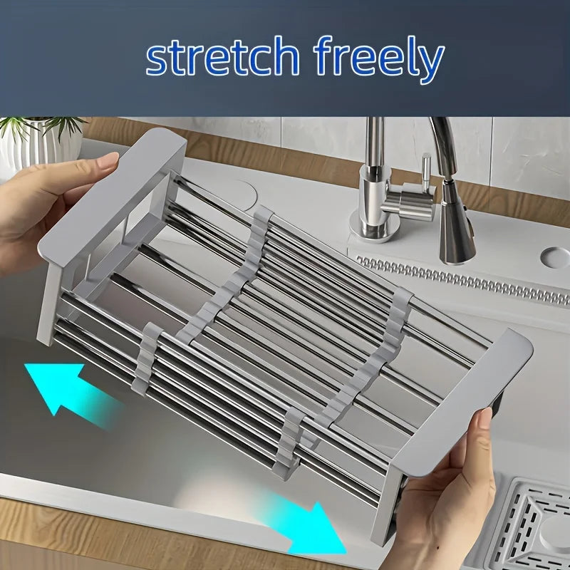 2025 Stainless Steel Extendable Sink Drying Rack – Adjustable Kitchen Drain Basket for Dish/Fruit Organizing Storage Tool - Large