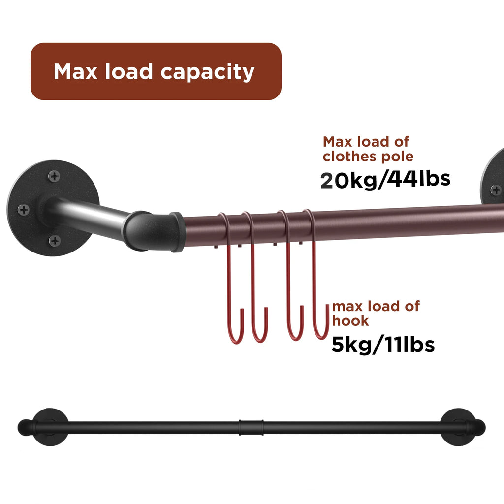 2 Pack Industrial Wall Mounted Clothes Rack Heavy Duty Metal Garment Hanging Rod with Hooks – Black