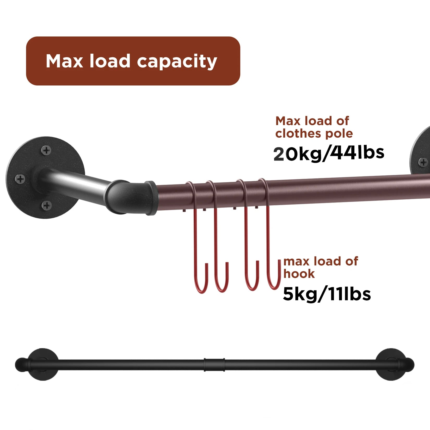 2 Pack Industrial Wall Mounted Clothes Rack Heavy Duty Metal Garment Hanging Rod with Hooks – Black