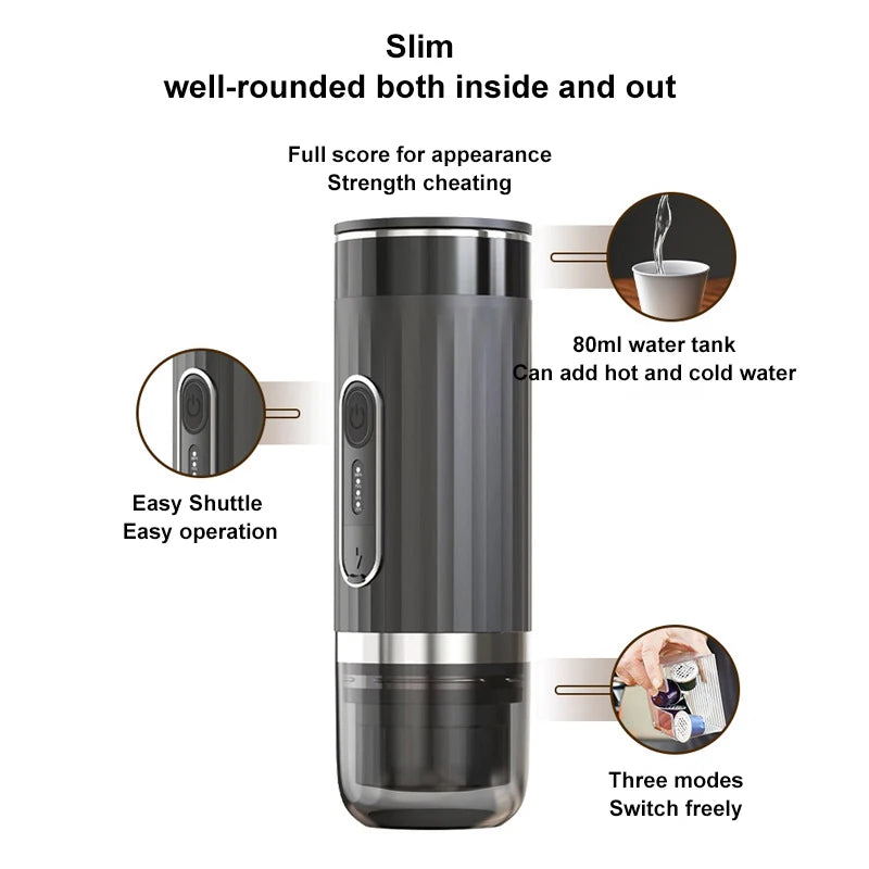 Portable Espresso Coffee Maker Wireless 3 in 1 Capsule Powder Machine 80ml - Black