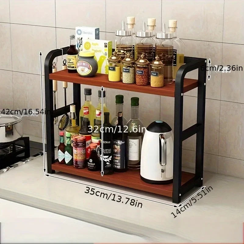 Kitchen Bench Shelf 2 Tier Iron Countertop Storage Rack Organiser - Teak