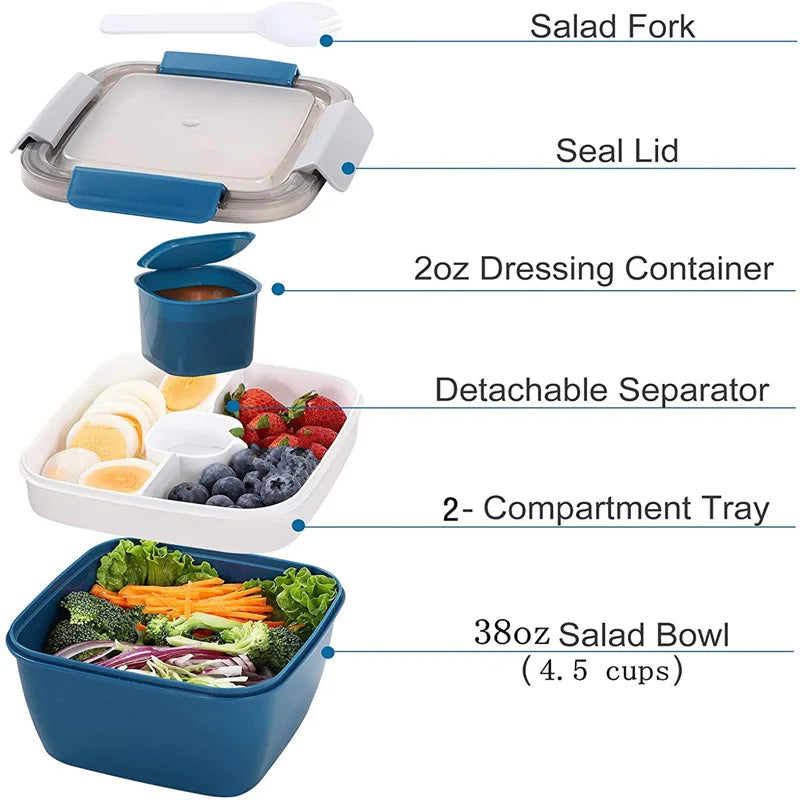 52oz Portable Salad Bowl 2 Compartment Bento Lunch Box with Dressing Cup & Fork – Blue