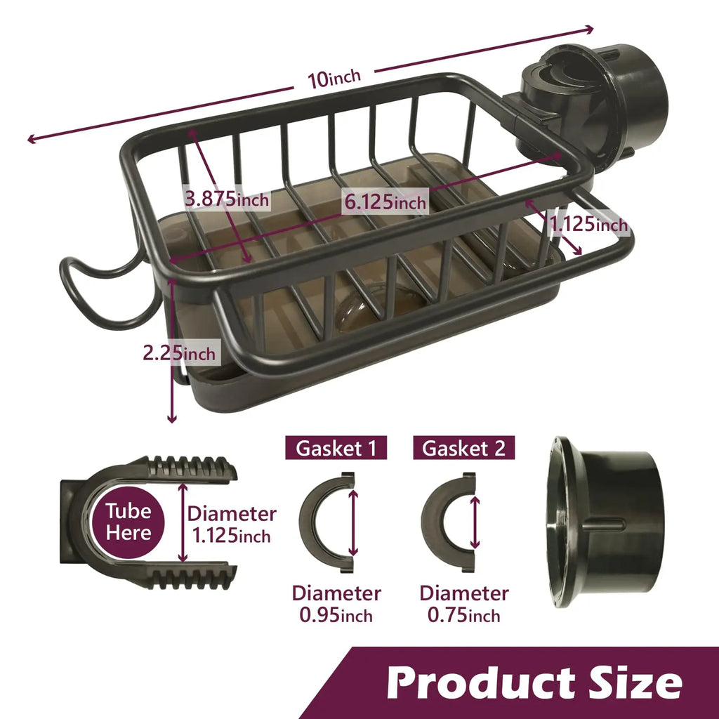 Kitchen Sink Faucet Organizer 3-in-1 Sponge Holder Storage Rack with Drain Tray and Towel Bar – Black
