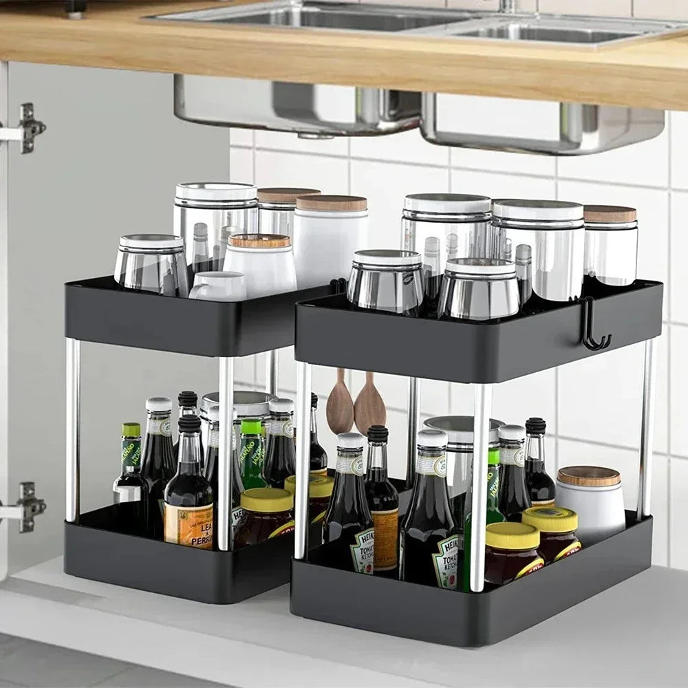 2 Tier Under Sink Storage Organizer with Sliding Drawer and Side Hooks Cabinet Shelf Rack – White