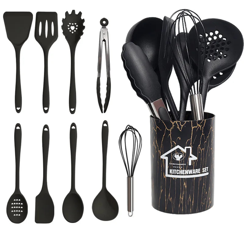 10-Piece Silicone Cooking Utensils Set with Storage Box – Black