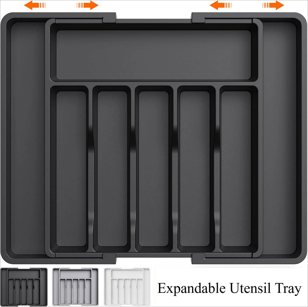 Expandable Drawer Organiser Adjustable Cutlery Storage Tray Non-Slip Kitchen Holder - Grey