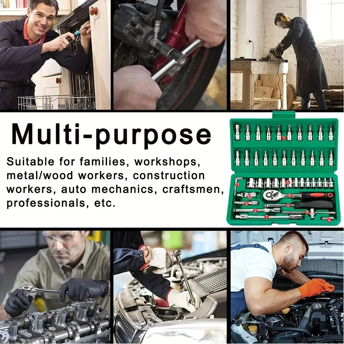 Socket Wrench Set Portable 46 Piece 1/4 Inch Ratchet Multi Function Metric Repair Tool Kit with Case