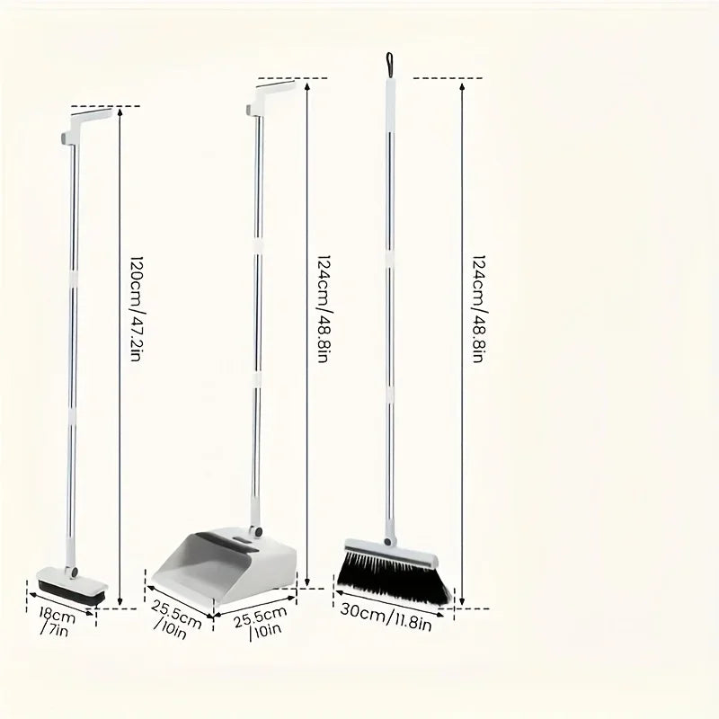 Broom and Dustpan Set 3-in-1 with Gap Cleaning Brush Compact Household Cleaning Tool - White
