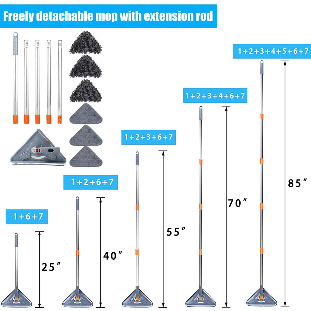 Wall Cleaning Mop 360° Rotating Triangle Head with Extendable Handle 63.5–216cm 6 Reusable Pads - Multi Piece Set