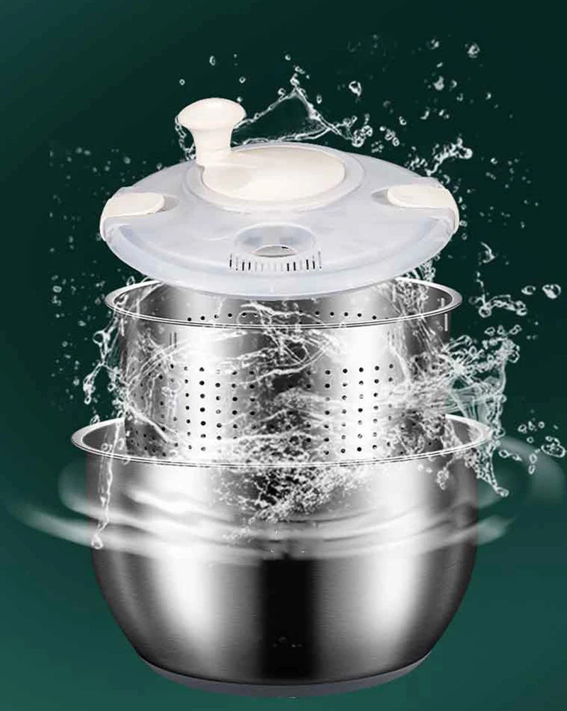 Stainless Steel Salad Spinner with Manual Spin Lid and Removable Drainer Basket